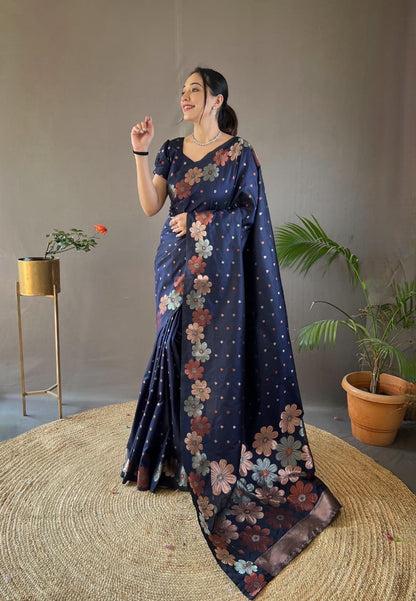 Palki - Soft Silk Copper and Gold Zari Weaving Flower Weaved Saree with Stitched Blouse Options