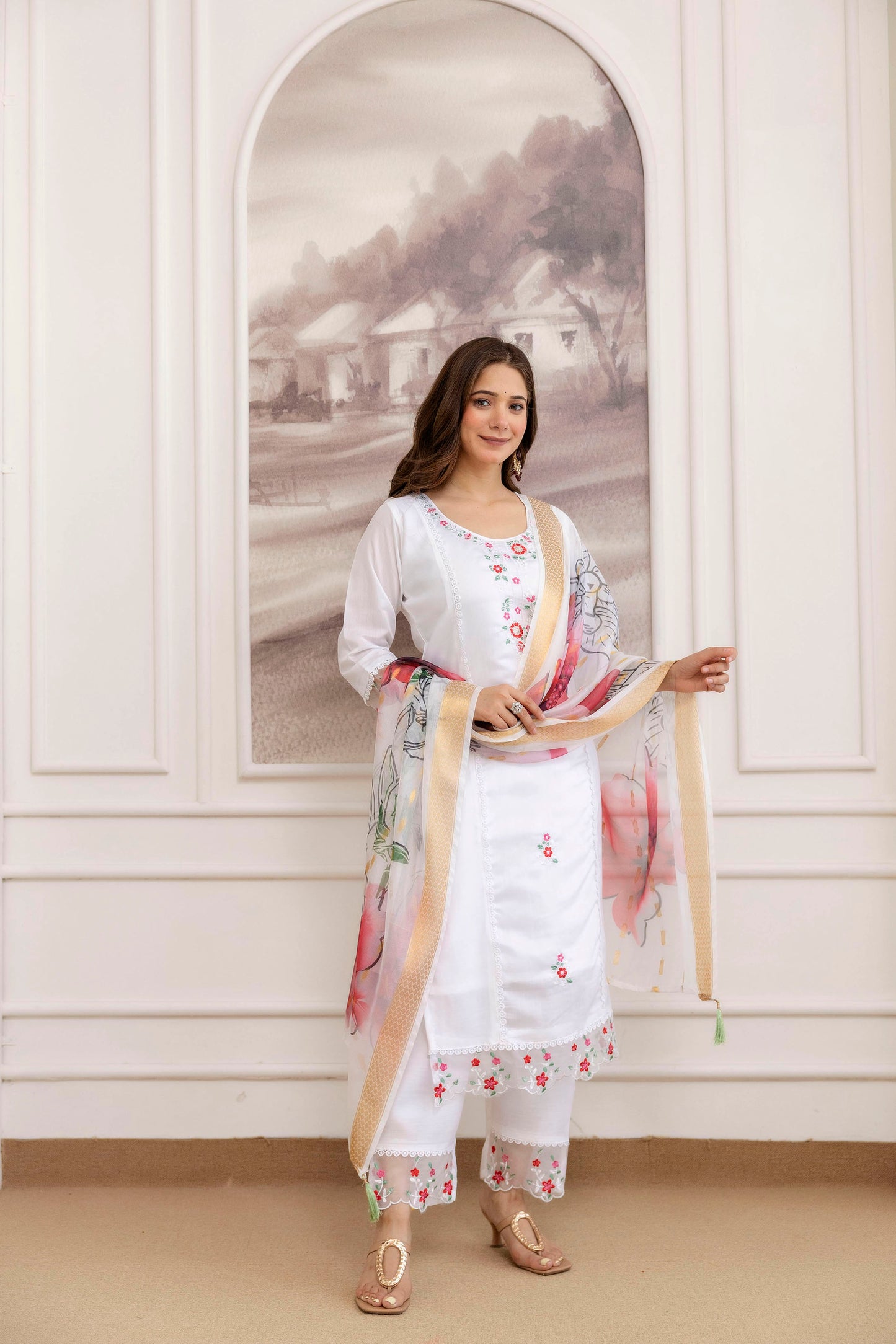 Soft Chanderi Silk White Fully Stitched Kurti Set