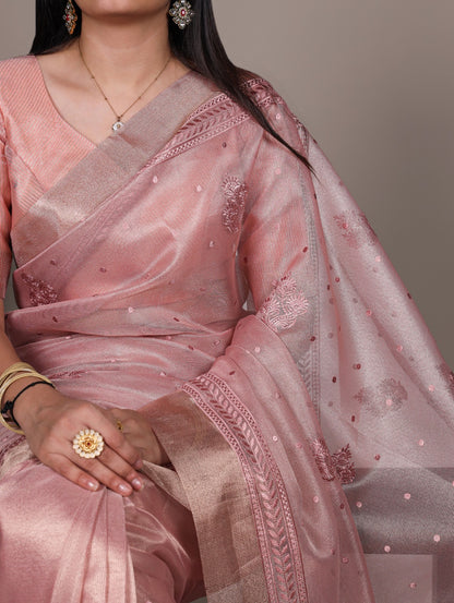 Malvika - Premium Shimmer Net type Pastel Colours Saree with Stitched Blouse of your Own Style