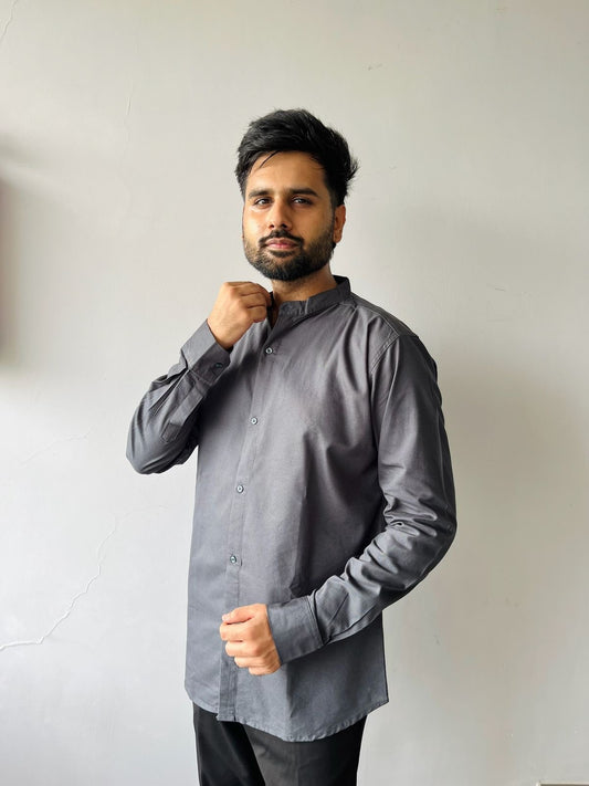 Mandarin Collar Men's Pure Cotton Plain Shirts for Formal Occasions