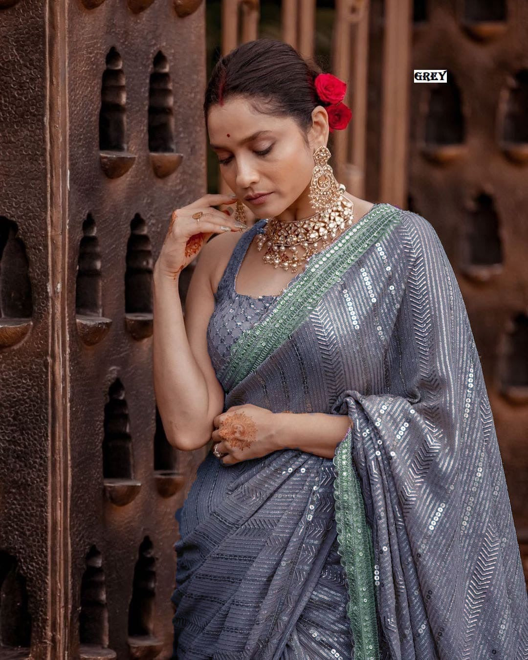 Pure georgette & fully sequins saree with stitched blouse