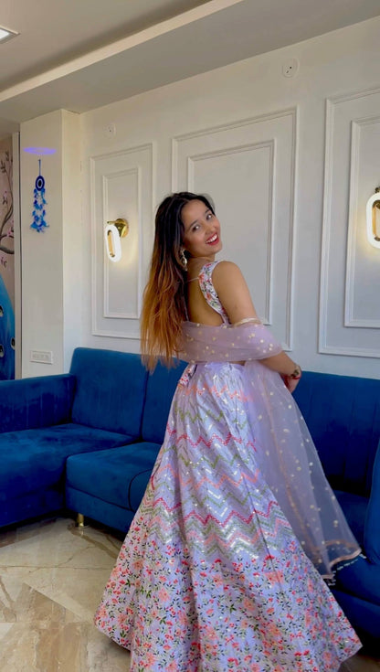Pastel Purple Premium Satin Silk Lehenga with Sequins and Embroidery Work Fully Stitched