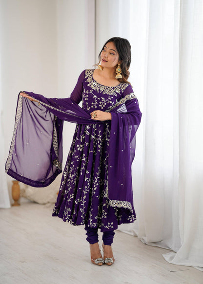 Preeva - Purple Soft Georgette with Full Embroidery Gown Fully Stitched