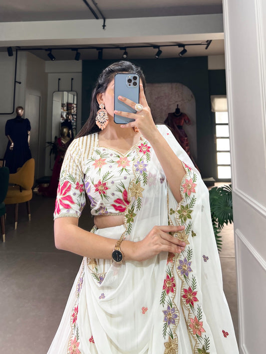 White Navratri Special Chaniya Choli Soft Georgette Fabric Premium Floral Thread and Sequins Work