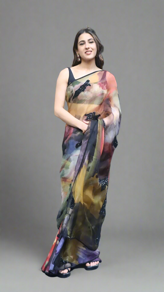 Bollywood Style Printed & Sequins work Saree with Stitched Blouse