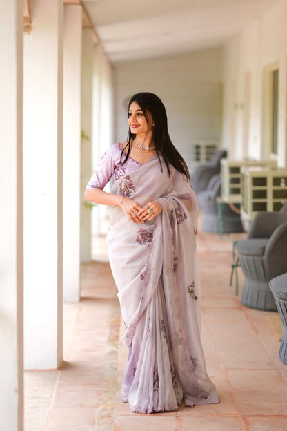 Beautiful Pastel Purple Jute Organza Work Saree with Stitched Blouse Options