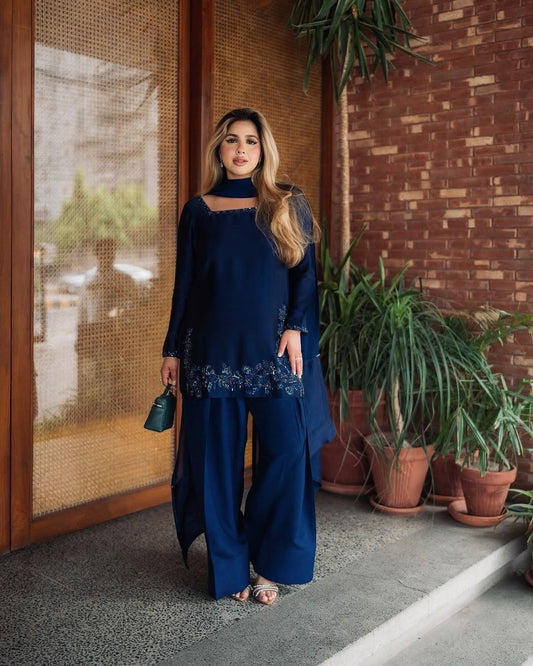 Navy Blue Soft Natural Crepe fabric with Hand Pearl Work Salwar Suit Fully Stitched