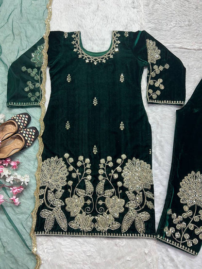 Jugni - Dark Green Premium Velvet Fully Stitched Suit with Embroidery Work