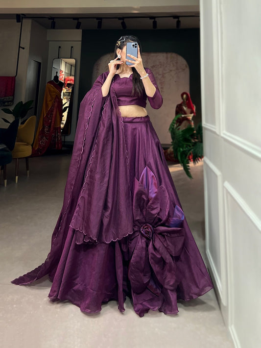 Wine Colour Chanderi silk Handmade Flower Lehenga