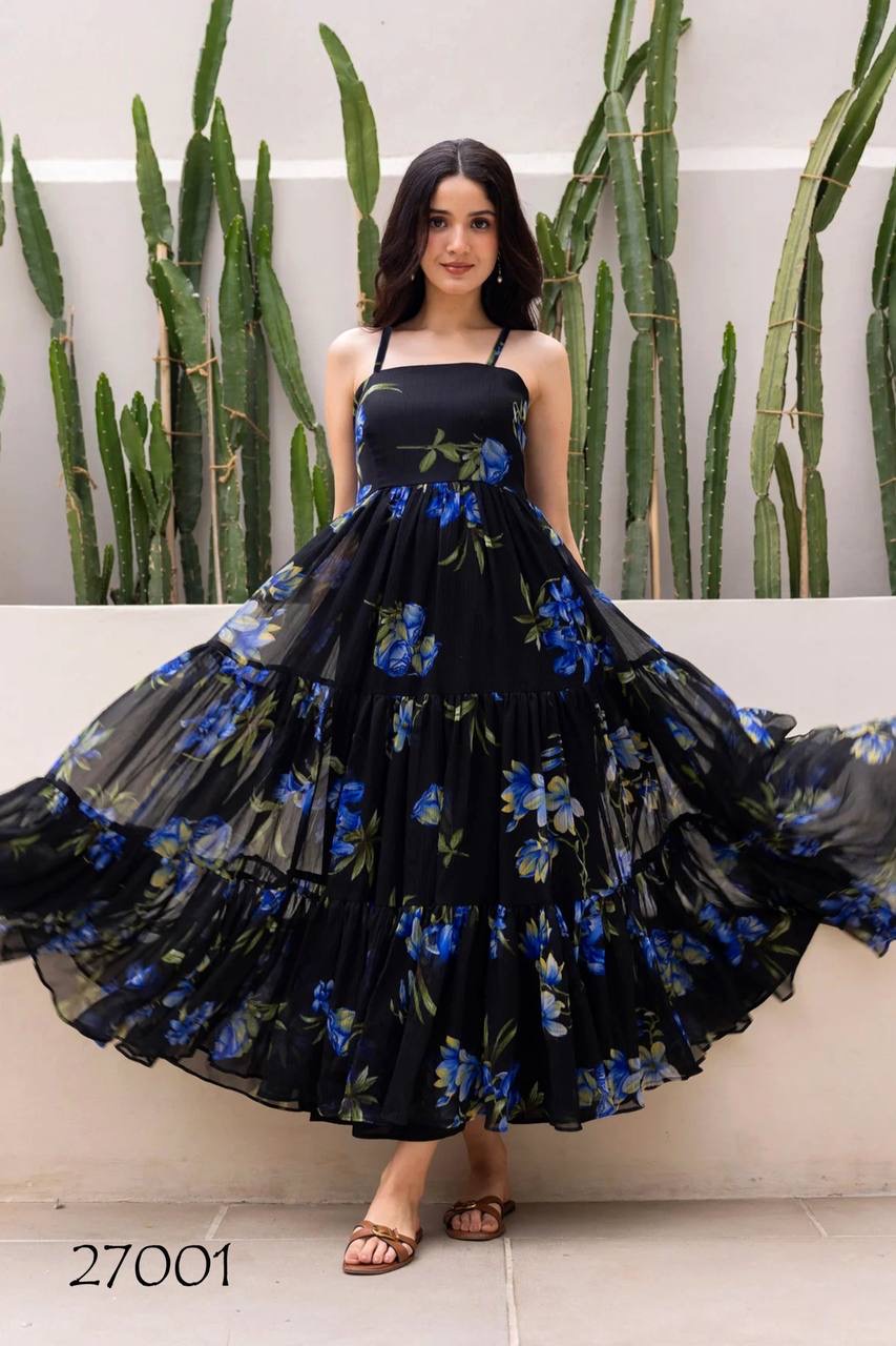 Black Beautiful Floral Printed Soft Georgette Fabric Casual Wear Readymade upto 6XL sizes