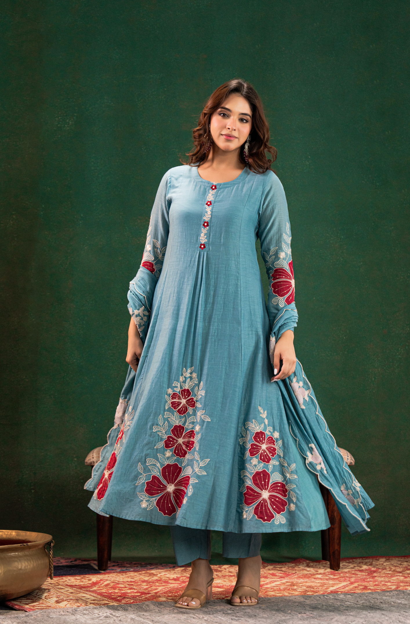 Sea Blue Chanderi Silk Flairer Kurti Set Fully Stitched