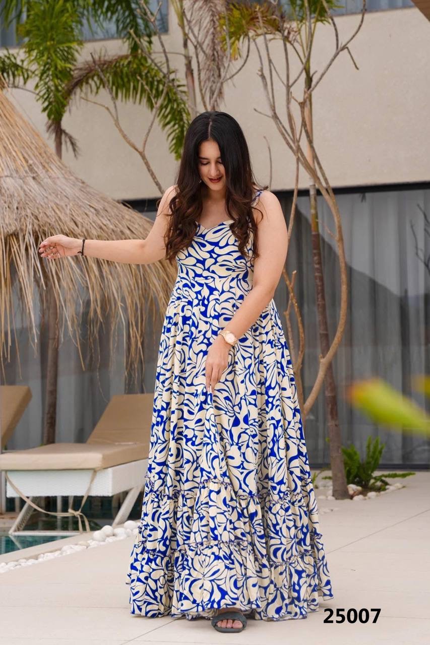 Blue Floral Soft Rayon Fabric Comfy Casual Gown Fully Stitched