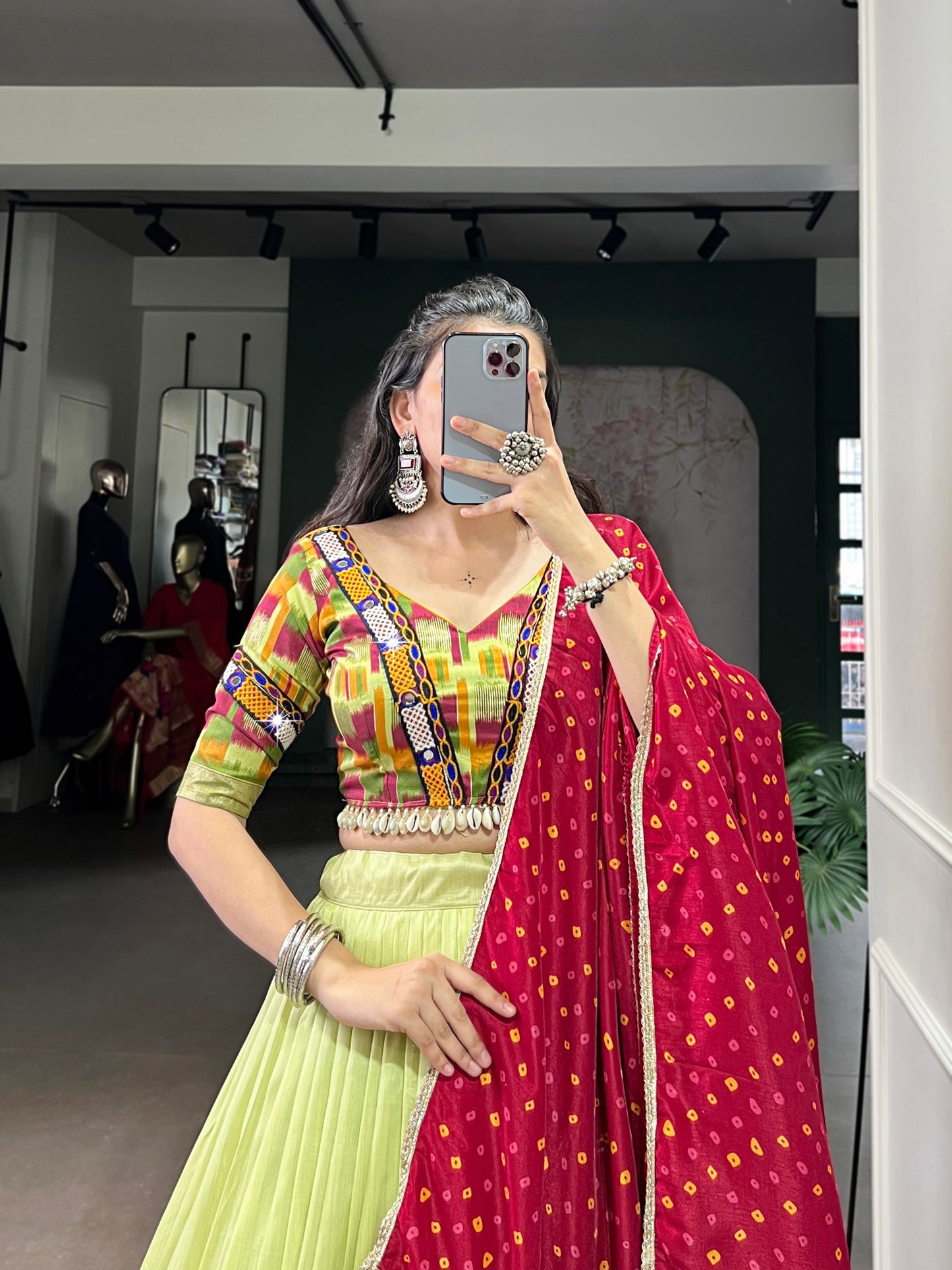 Beautiful Real Mirror & Gamthi Work Silk Chaniya Cholis for Navratri