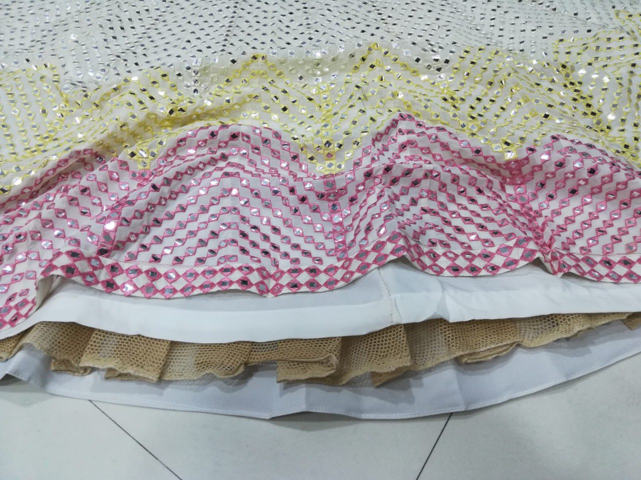 Pastel Off White Paper Mirror Work Fully Stitched Lehenga Choli