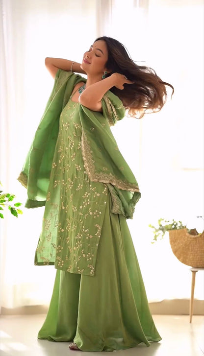 Parrot green fully stitched Sharara suit set