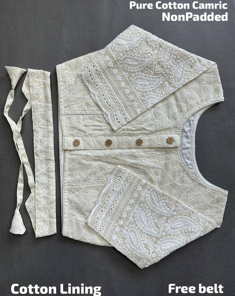 Off white pure cotton camric hakoba readymade blouse