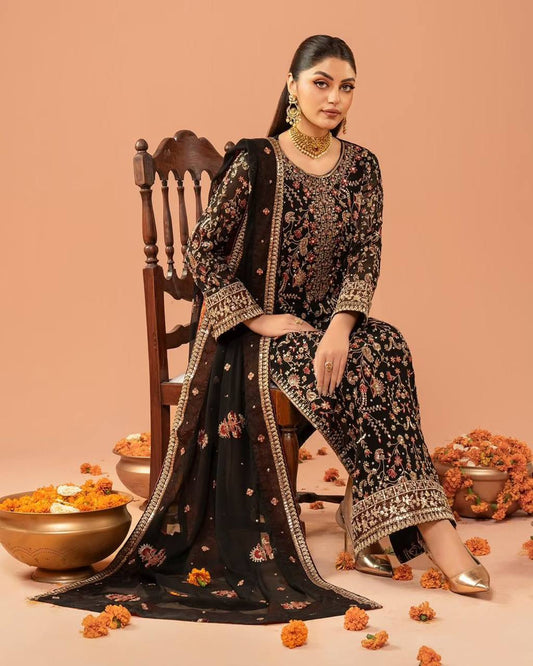 Premium Black Heavy embroidered fully stitched suit
