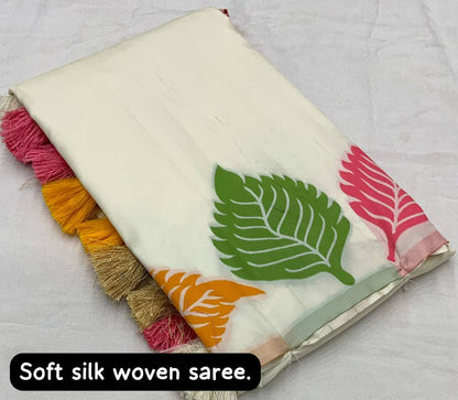 Soft silk leafy design saree with stitched blouse