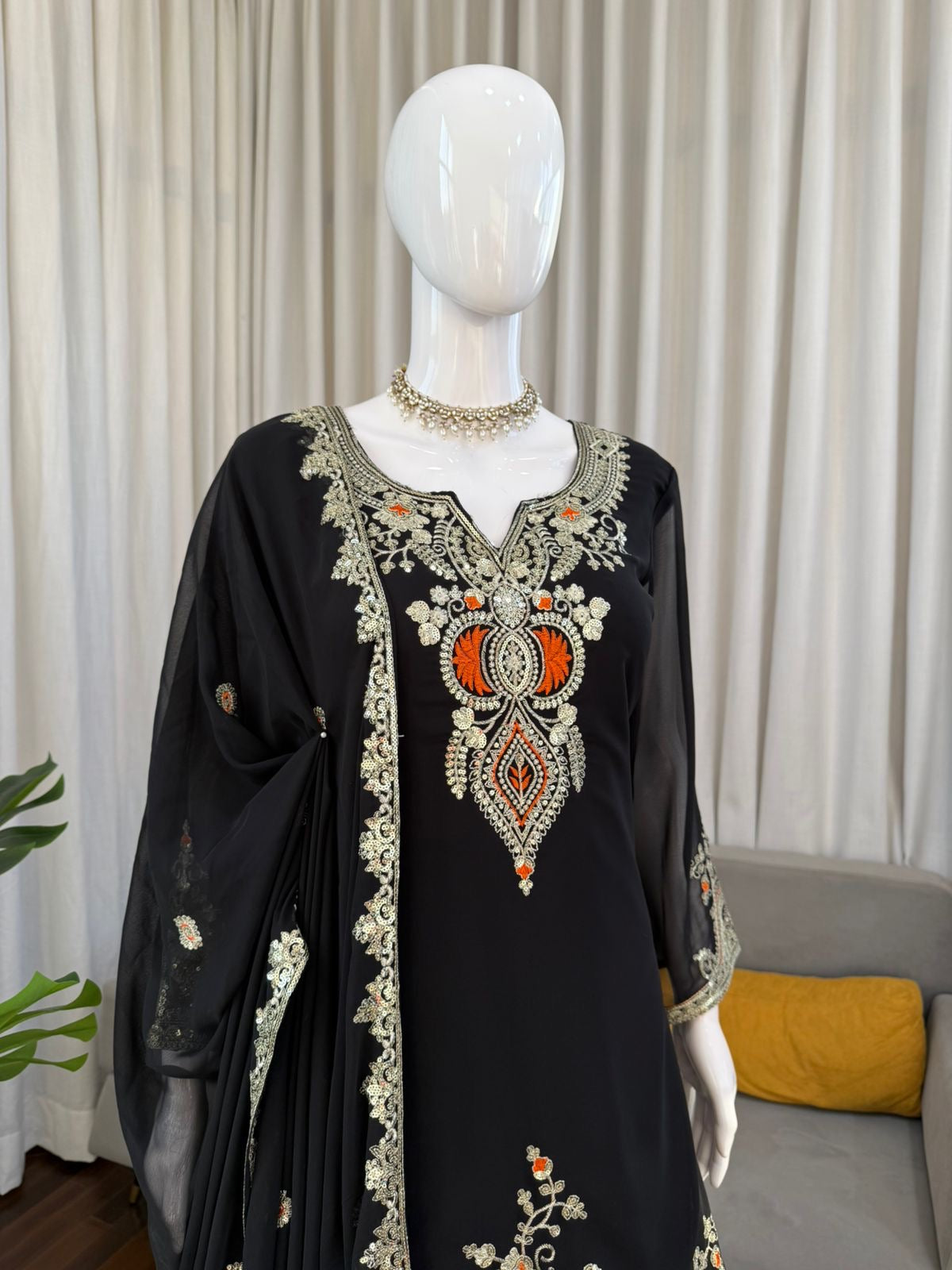 Premium Black or White Embroidered Fully Stitched Sharara Set in Readymade Sizes
