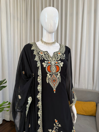 Premium Black or White Embroidered Fully Stitched Sharara Set in Readymade Sizes