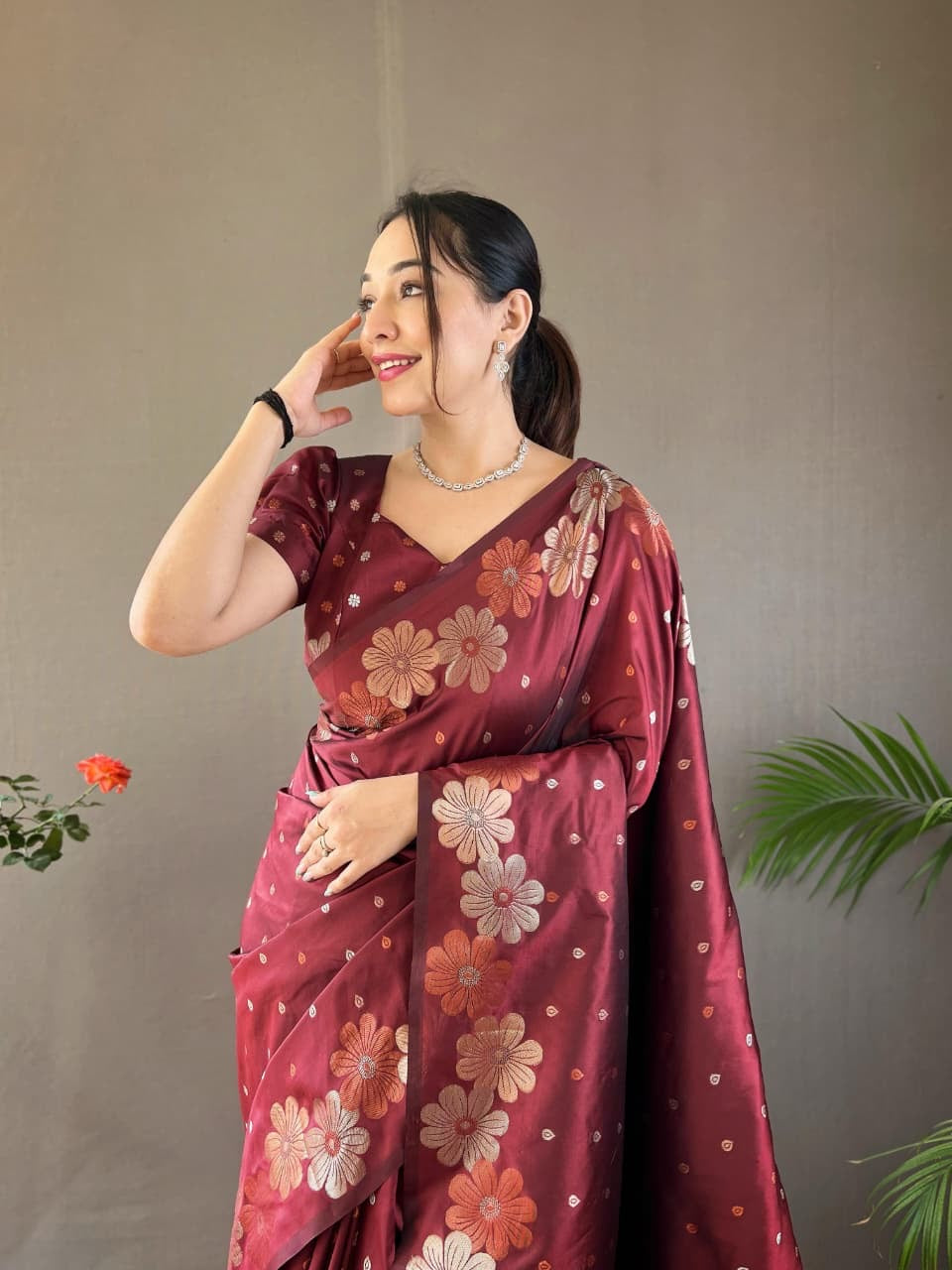 Palki - Soft Silk Copper and Gold Zari Weaving Flower Weaved Saree with Stitched Blouse Options