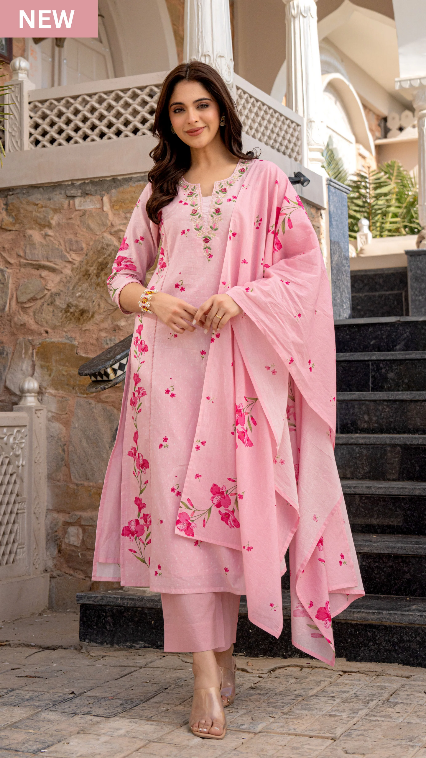 Baby Pink Chanderi Cotton Soft Kurti Set