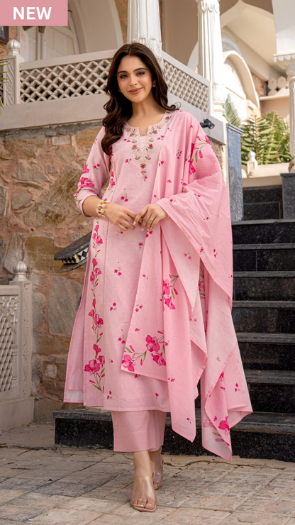 Baby Pink Chanderi Cotton Soft Kurti Set