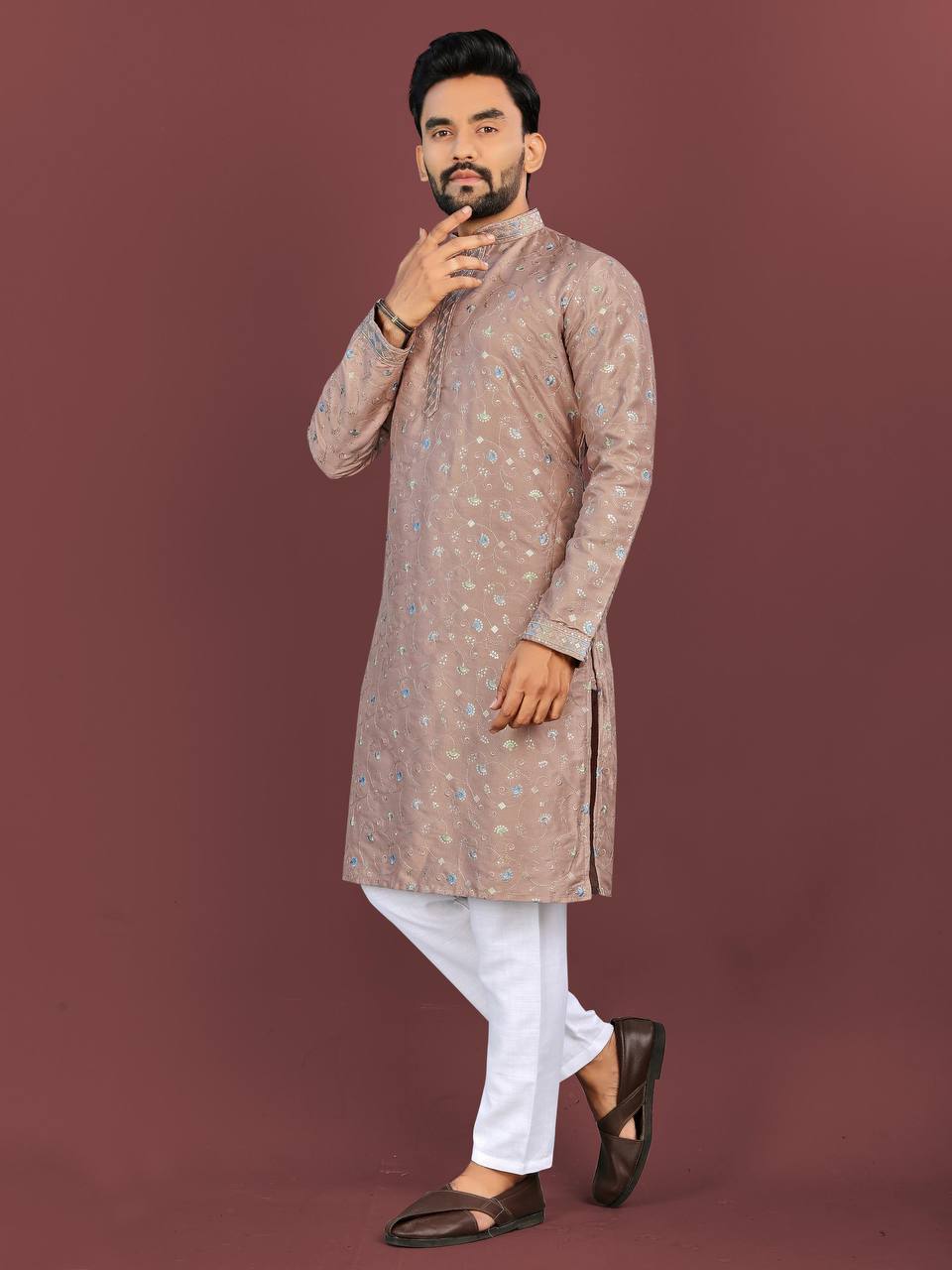 Men's Silk Fabric Floral Embroidered Kurta with Pajama