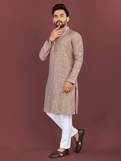 Men's Silk Fabric Floral Embroidered Kurta with Pajama