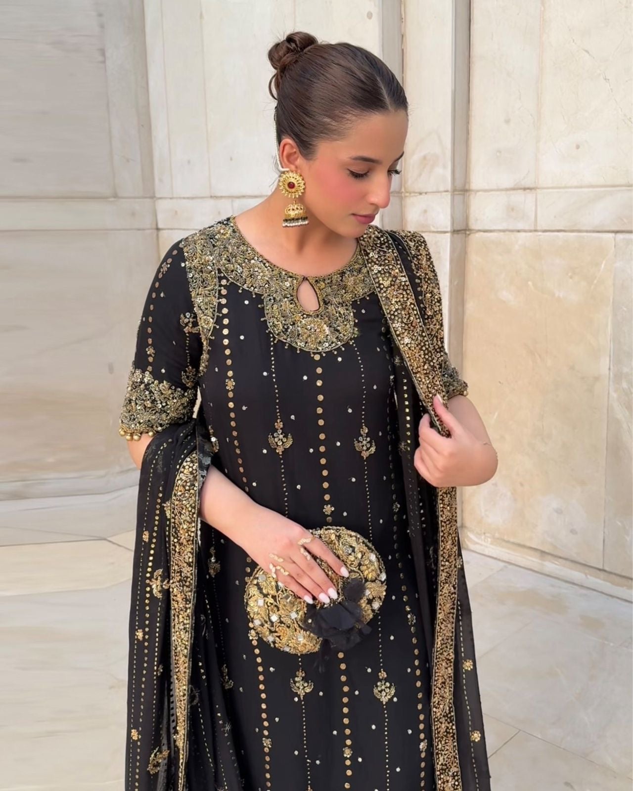 Riwaaz - Soft Georgette Gold Sequins Work Readymade Suit