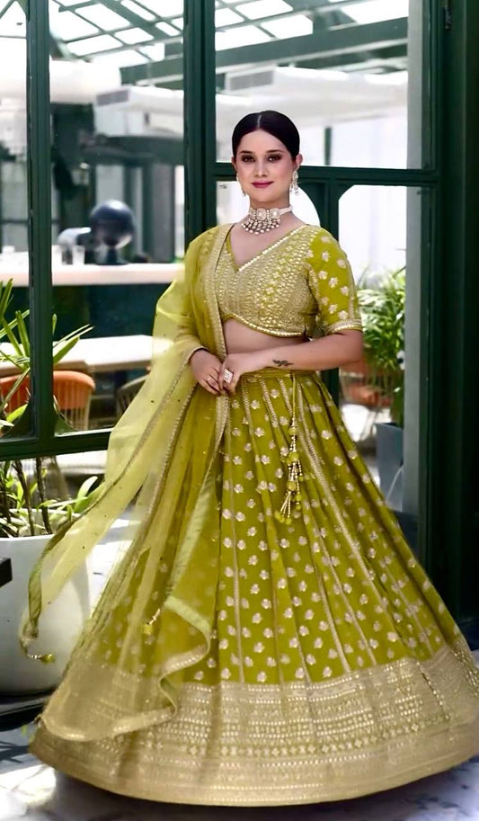 Mehendi Chinon silk fully stitched lehenga