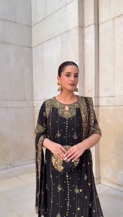 Riwaaz - Soft Georgette Gold Sequins Work Readymade Suit