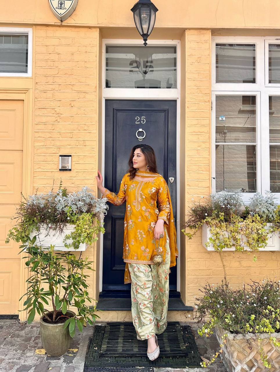 Mustard & Mahendi Floral Embroidery Salwar Suit Fully Stitched