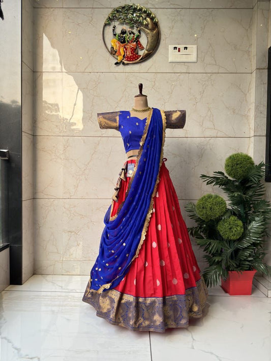 Red and Blue Kanjivaram style Silk lehenga fully stitched