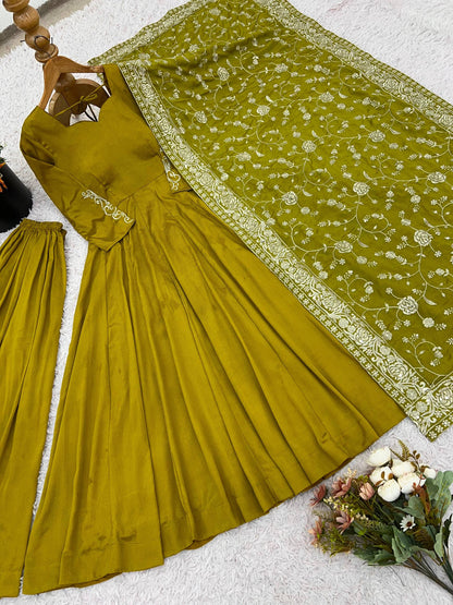 Mehendi Chiffon Classic Minimal Gown with Embroidered Dupatta Fully Stitched