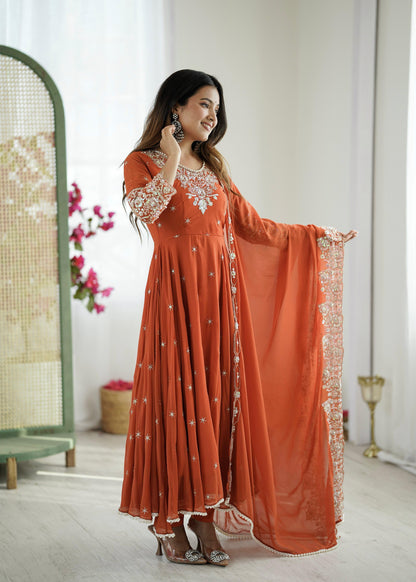 Dark Orange Premium Faux Georgette Anarkali Gown with Beautiful Work Fully Readymade