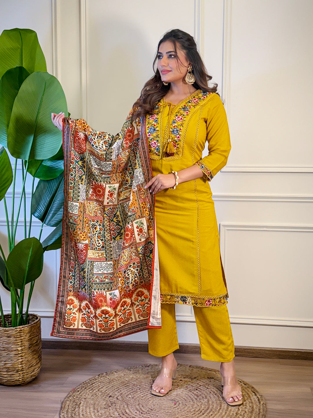 Adaa by Kiara - Beautiful Mustard Silk Kurti Readymade Set