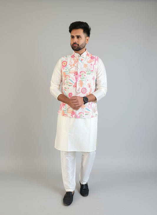 Man wearing a traditional outfit with a floral vest against a plain background