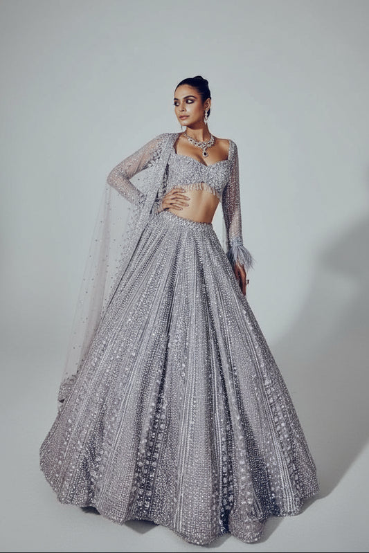 Premium Shimmer Silk Grey Lehenga Fully Stitched