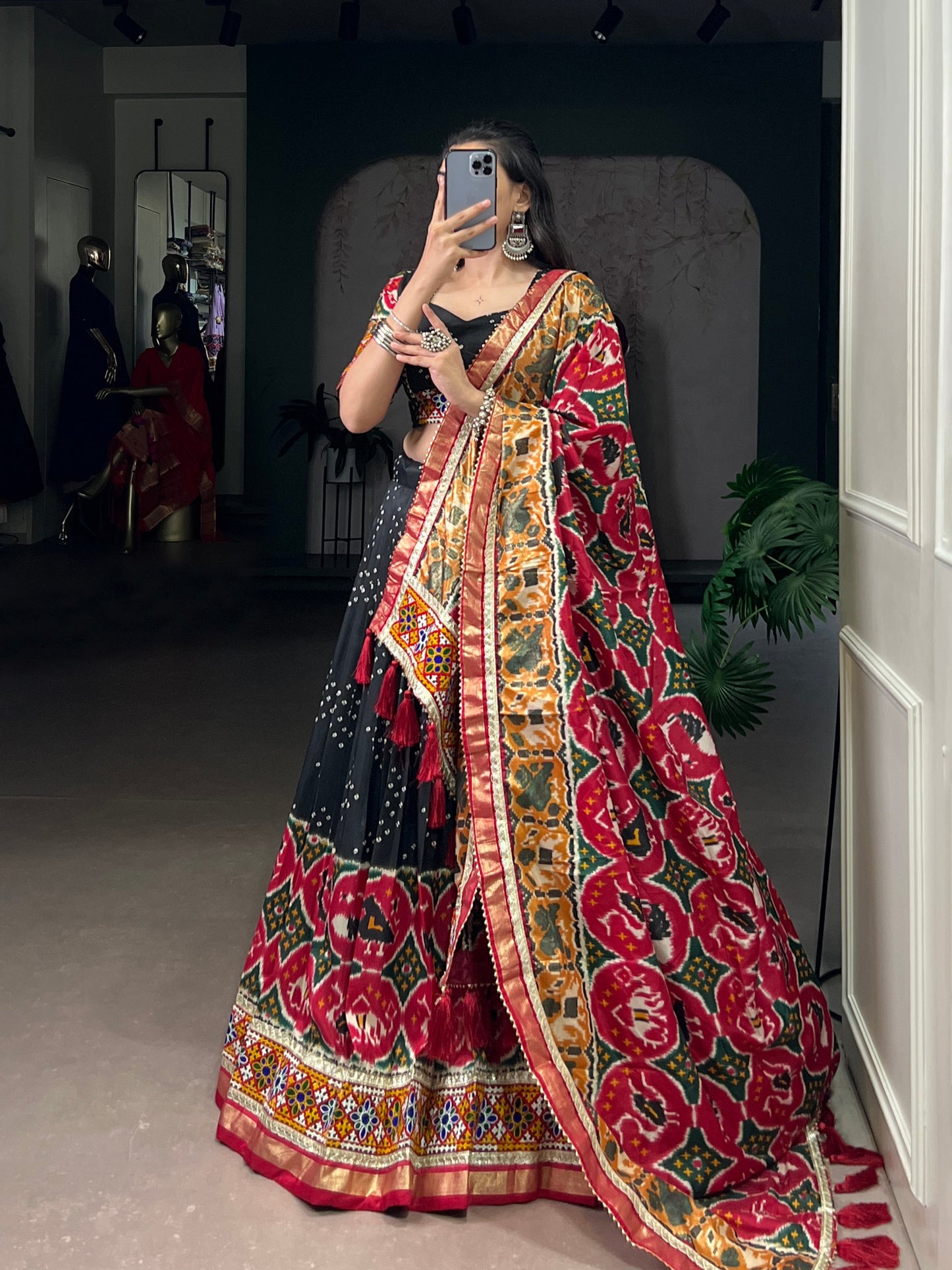 Varni - Beautiful Gamthi Work Printed Silk Chaniya Cholis Fully Stitched