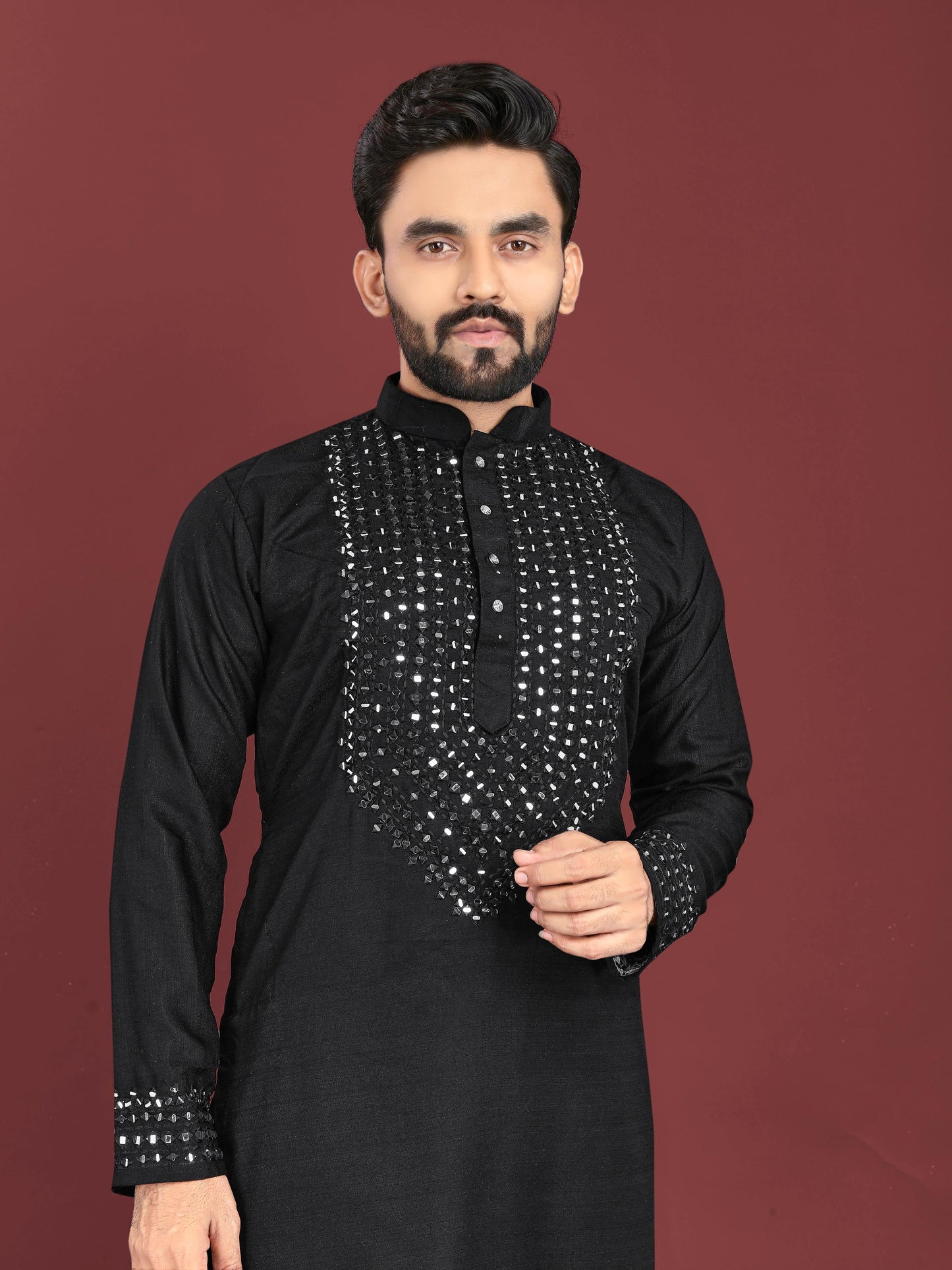 Men's Unique Exclusive Kurta with Real Mirror Neck Work with Cotton Pajama