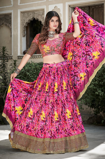 Pink Crushed Chinon fully stitched Lehenga Choli