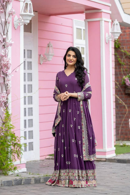 Eggplant Purple Premium Embroidered Gown fully stitched