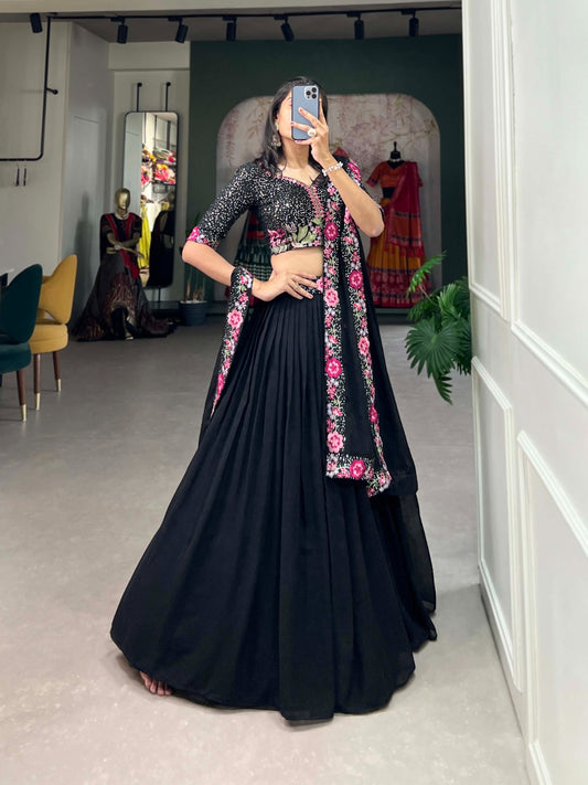 Jet Black Pure Georgette Soft Lehenga with Floral Dupatta and Blouse