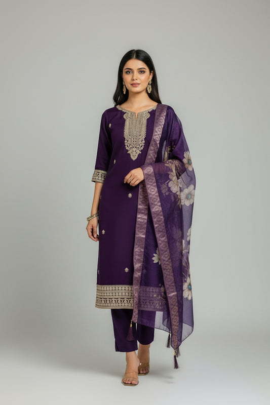 Woman in a purple traditional outfit with floral dupatta standing in a hallway.