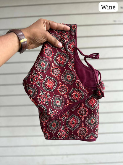 Wine Pure Cotton kalamkari print readymade blouse front hook