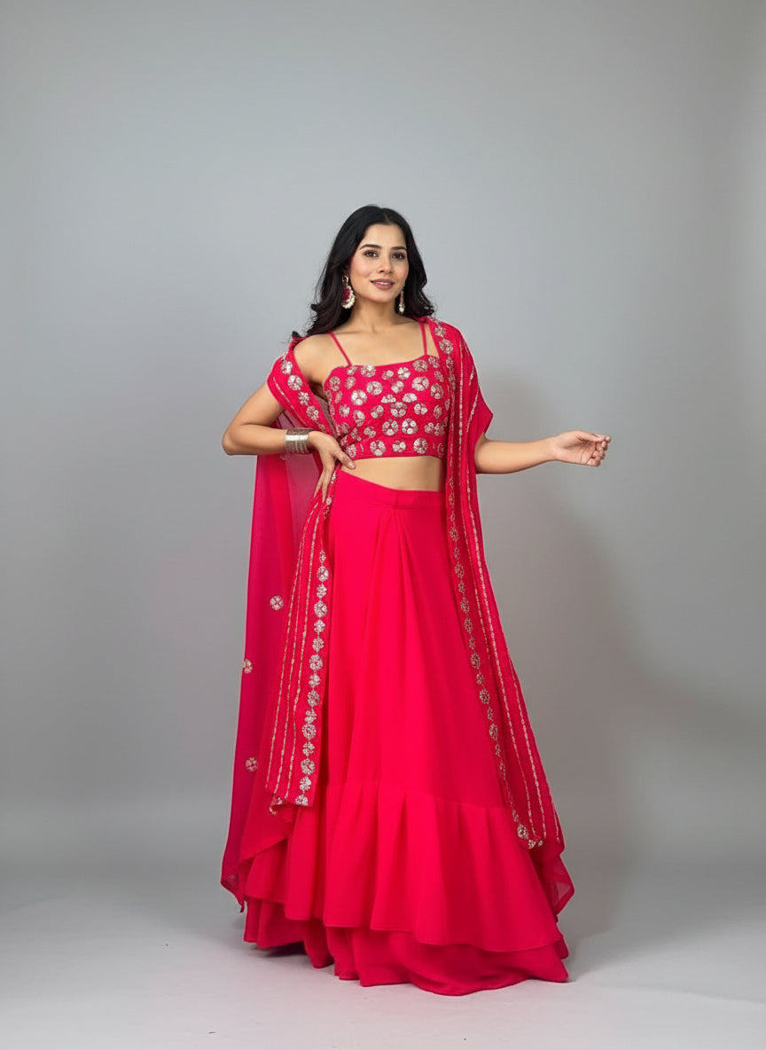 Woman in a bright pink traditional outfit with floral patterns, standing indoors.