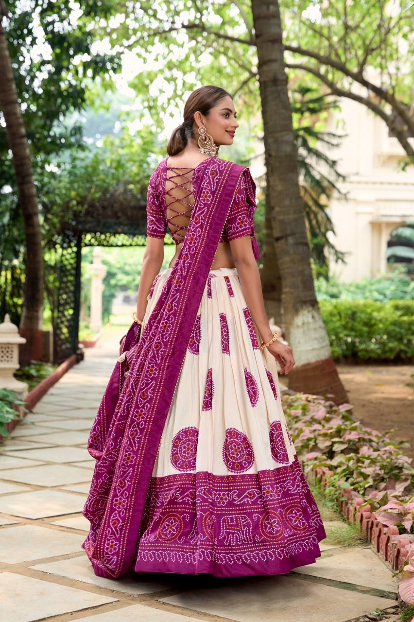 Navratri Special Purple Bandhani Print Fully Stitched Lehenga