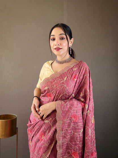 Kamya - Pure Tussar Silk with Jaal Embroidery Weaving with Stitched Blouse Options