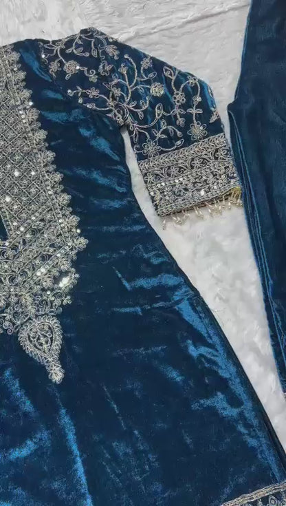 Noor - Bottle Green Premium Velvet Fabric with beautiful Embroidery Suit Fully Stitched